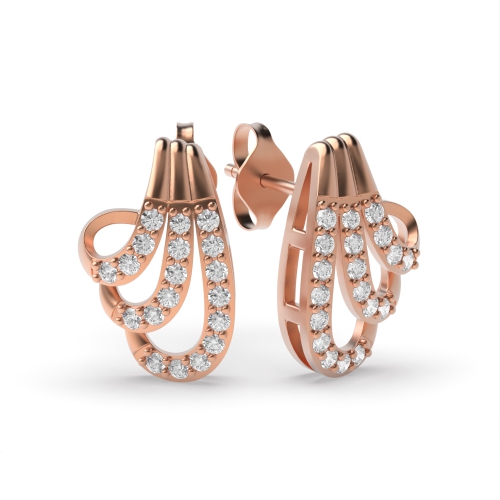 4 Prong Round Rose Gold Three row Diamond Earrings