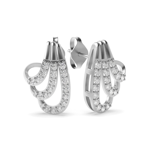 4 Prong Round White Gold Three row Diamond Earrings