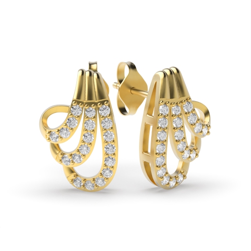 4 Prong Round Yellow Gold Three row Diamond Earrings