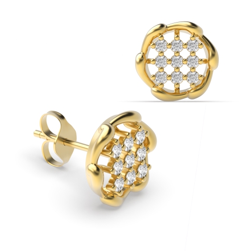 4 Prong Round Yellow Gold Flower shaped Diamond Earrings