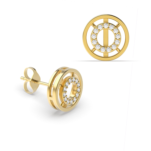 4 Prong Round Yellow Gold Wheel of fortune Diamond Earrings