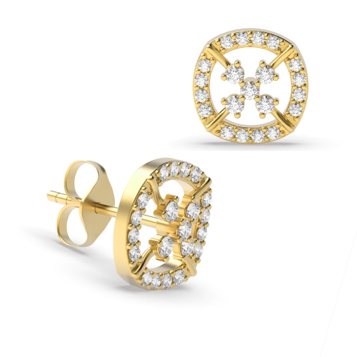 4 Prong Round Yellow Gold Cushione shaped Diamond Earrings