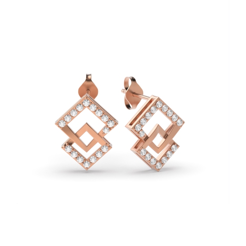 4 Prong Round Rose Gold Inter linked square Diamond Earrings