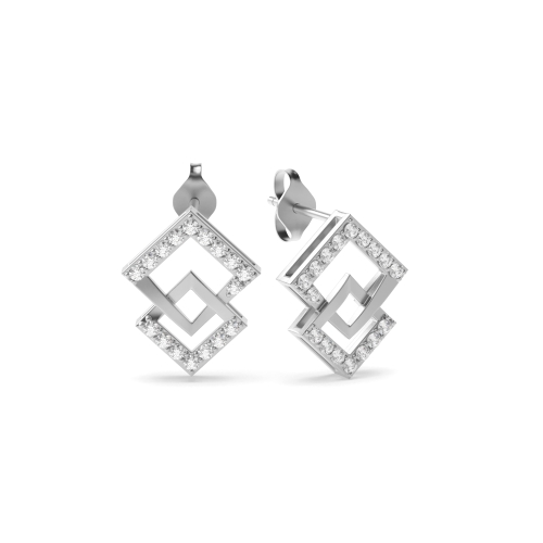 4 Prong Round White Gold Inter linked square Diamond Earrings