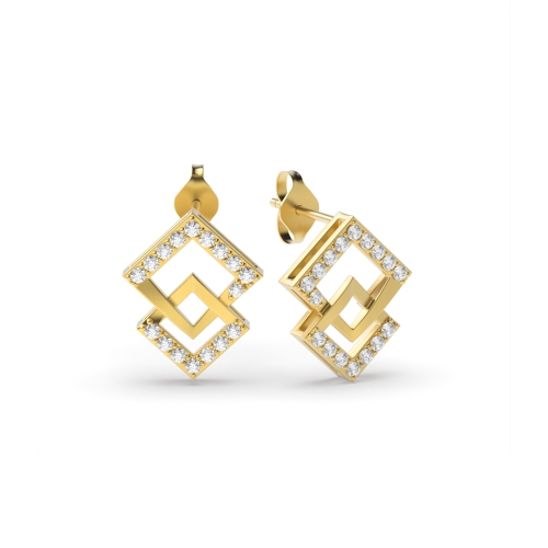 4 Prong Round Yellow Gold Inter linked square Diamond Earrings