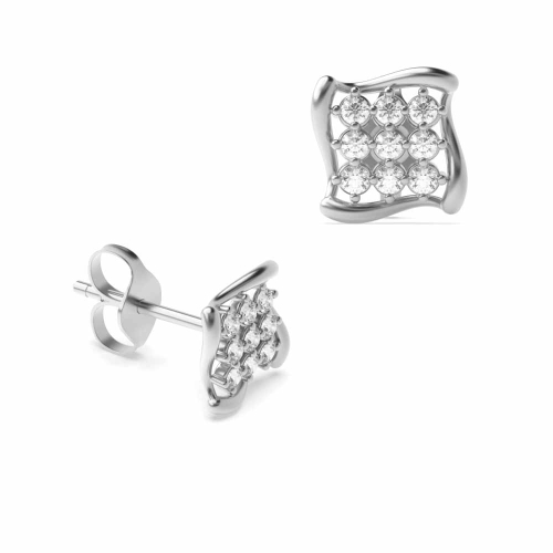 4 Prong Round Silver Squared Designer Diamond Earrings