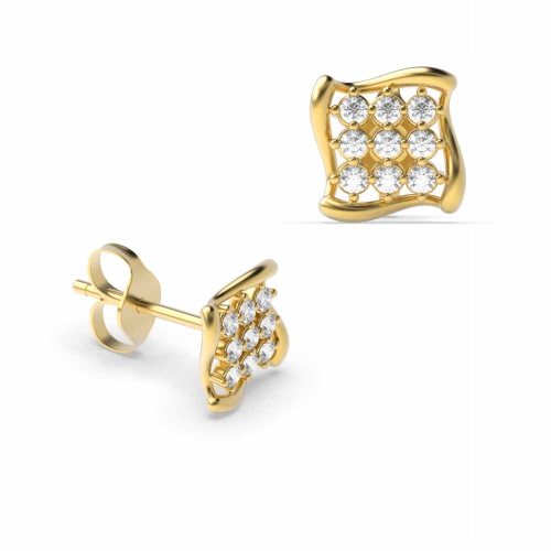 4 Prong Round Yellow Gold Squared Diamond Earrings