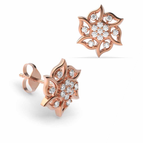 3 Prong Round Rose Gold Flower Diamond Earrings