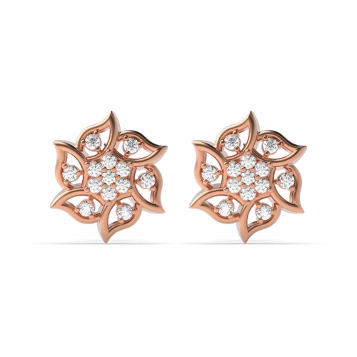3 Prong Round Rose Gold Flower Diamond Earrings