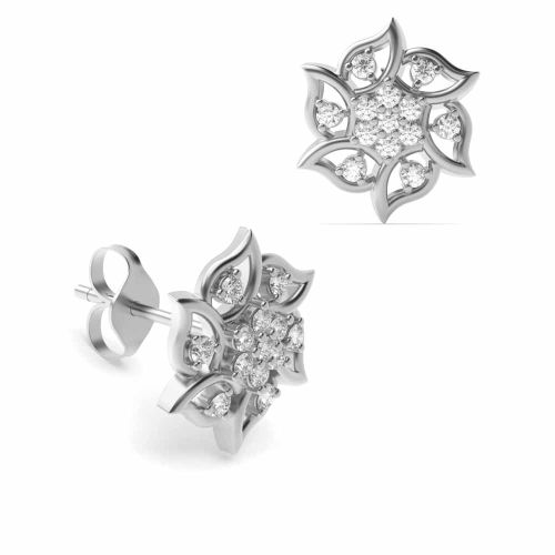 3 Prong Round White Gold Flower Diamond Earrings