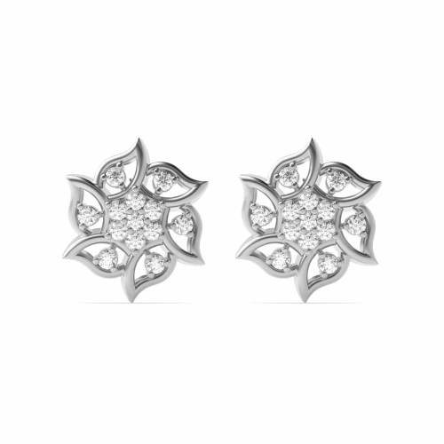 3 Prong Round White Gold Flower Diamond Earrings