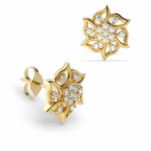 3 Prong Round Yellow Gold Flower Diamond Earrings