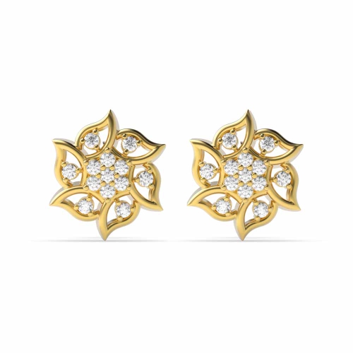 3 Prong Round Yellow Gold Flower Diamond Earrings