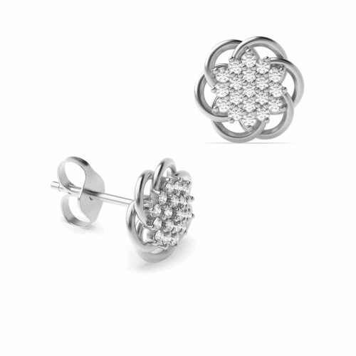 6 Prong Round Silver Flower Designer Diamond Earrings
