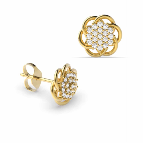 6 Prong Round Yellow Gold Cluster Earrings