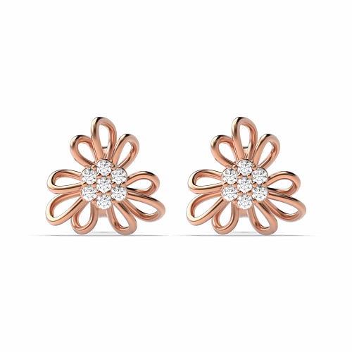 4 Prong Round Rose Gold Flower Diamond Earrings
