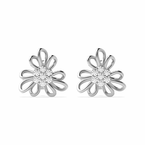 4 Prong Round White Gold Flower Diamond Earrings