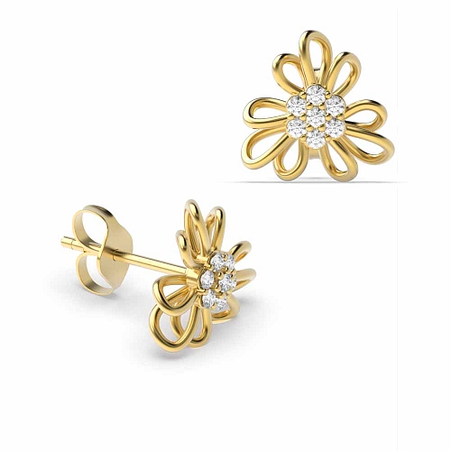 4 Prong Round Yellow Gold Flower Diamond Earrings