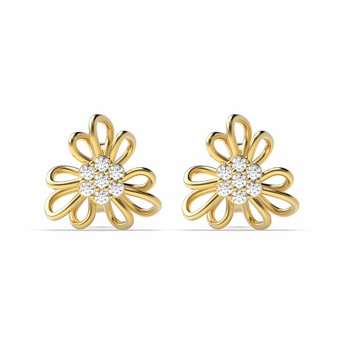 4 Prong Round Yellow Gold Flower Diamond Earrings