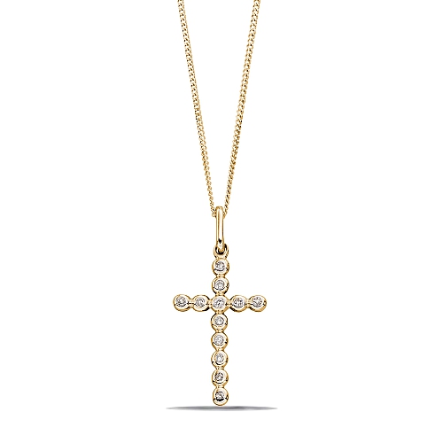 4 Prong Round Yellow Gold Rub Over Must Have Cross Pendant Necklace