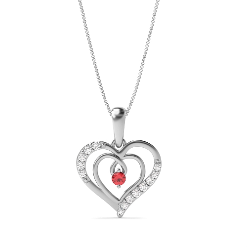 4 Prong Round accented diamond Ruby Heart Pendant Necklace