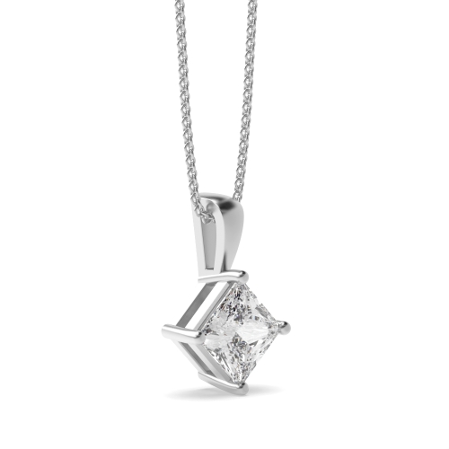 4 Prong Princess White Gold square Solitaire Pendant Necklace