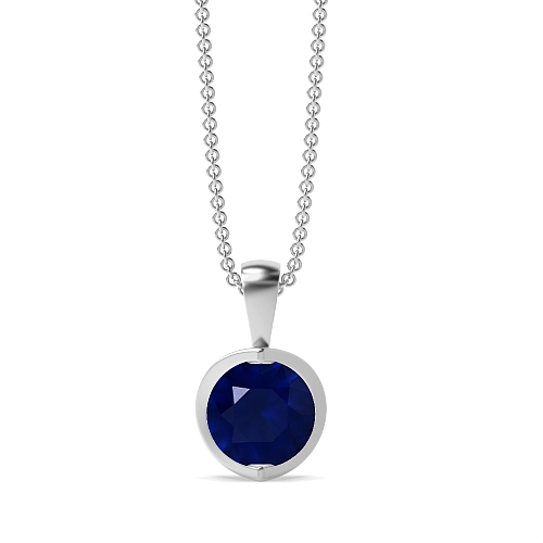 Bezel Setting Round Open set Blue Sapphire Pendant Necklaces