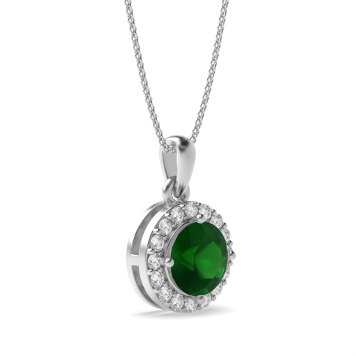 4 Prong Beam Emerald Halo Pendant Necklace