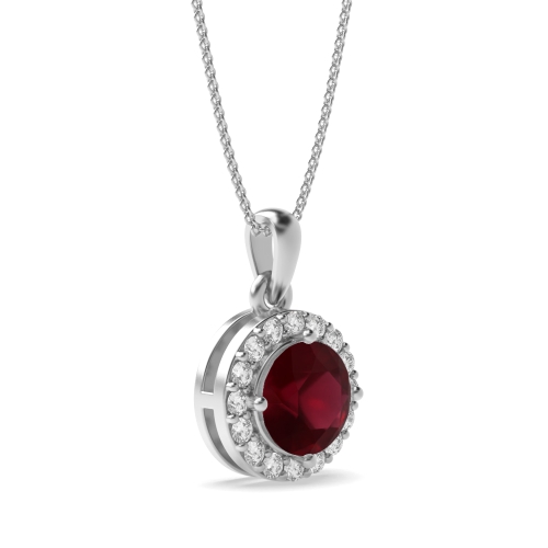 4 Prong Beam Ruby Halo Pendant Necklace