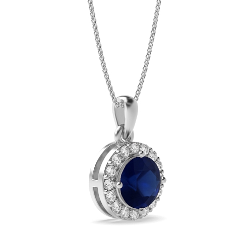 4 Prong elegant Blue Sapphire Halo Pendant Necklace