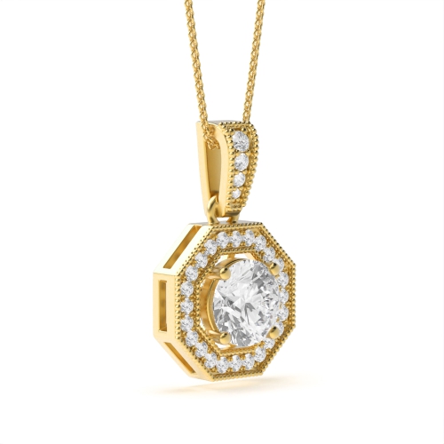 4 Prong Round Yellow Gold Octagon Halo Pendant Necklaces