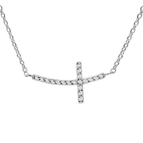 Pave Setting Round Silver Sideway cross 6x12mm Pendant Necklaces