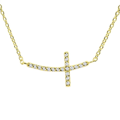 Pave Setting Round Yellow Gold Sideway cross 6x12mm Pendant Necklaces