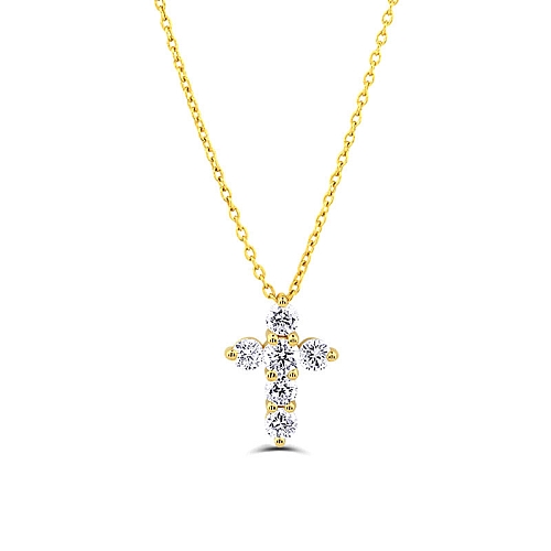 Pave Setting Round Yellow Gold Cross Pendant Necklaces
