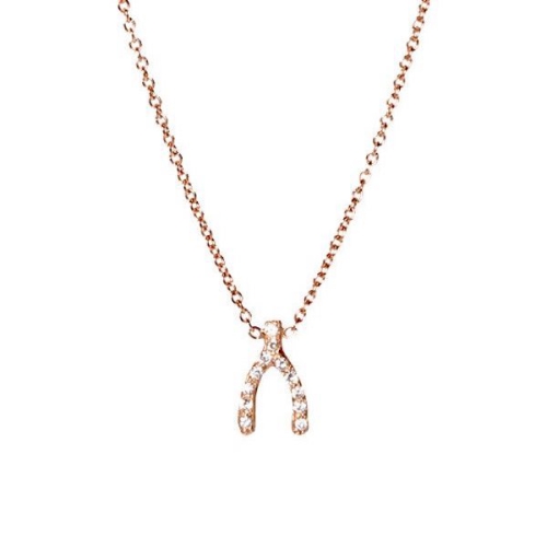 Pave Setting Round Rose Gold Wishbone Delicate Pendant Necklaces