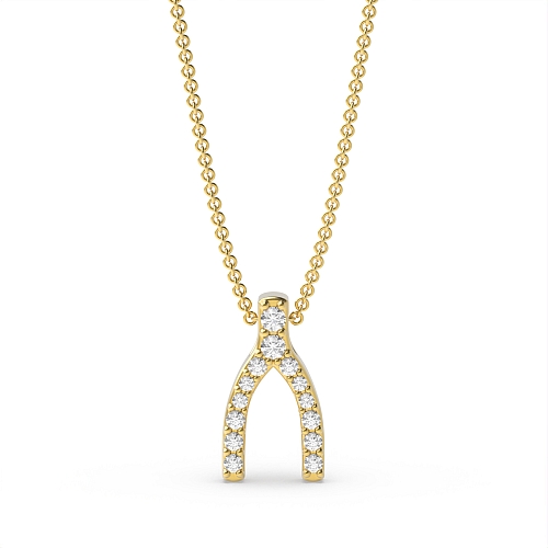 Pave Setting Round Yellow Gold Wishbone Pendant Necklaces