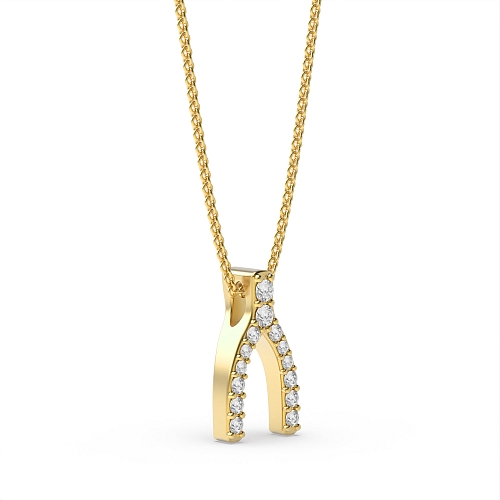 Pave Setting Round Yellow Gold Wishbone Pendant Necklaces
