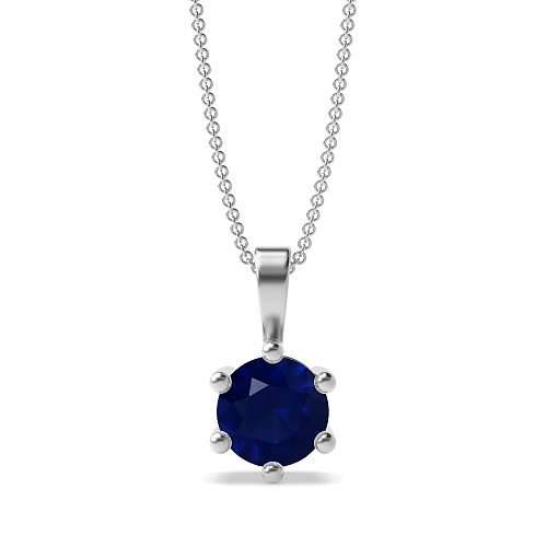 6 Prong solid bale Blue Sapphire Solitaire Pendant Necklace