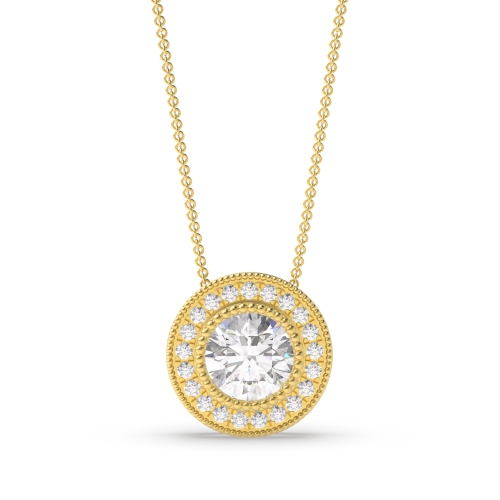 Bezel Setting Round Yellow Gold Vintage miligrain sliding Halo Pendant Necklaces