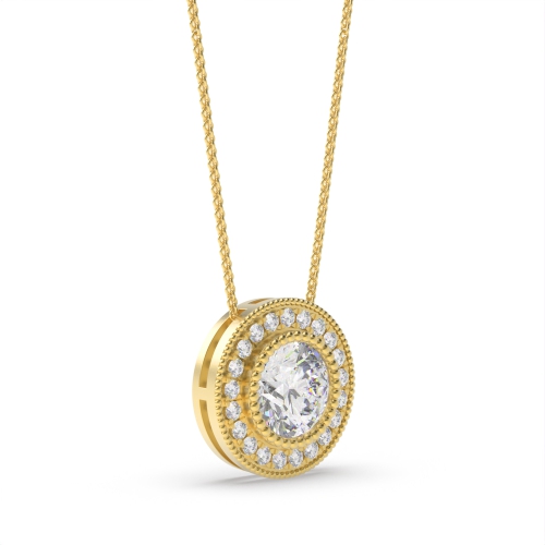 Bezel Setting Round Yellow Gold Vintage miligrain sliding Halo Pendant Necklaces
