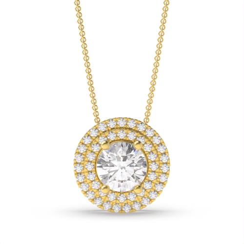 4 Prong Round Yellow Gold Double row Halo Pendant Necklaces
