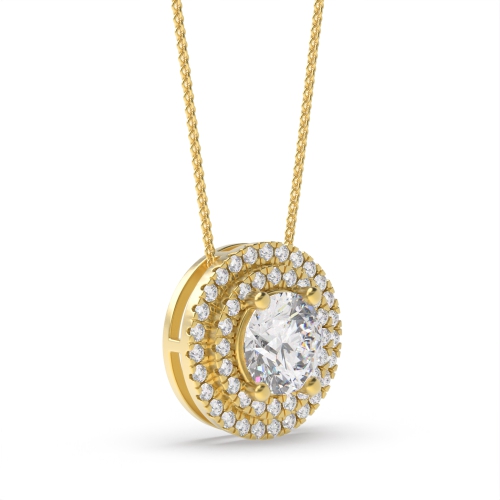 4 Prong Round Yellow Gold Double row Halo Pendant Necklaces