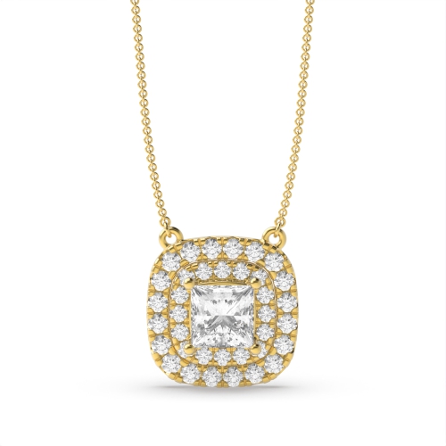 4 Prong Princess Yellow Gold Double row sliding Halo Pendant Necklaces