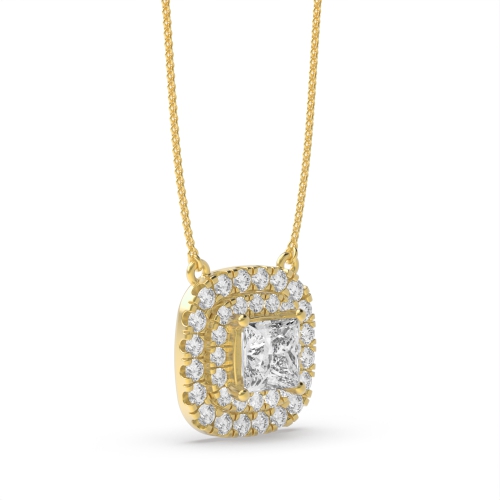 4 Prong Princess Yellow Gold Double row sliding Halo Pendant Necklaces
