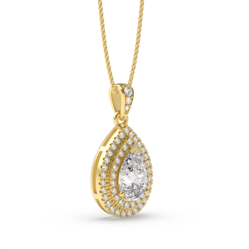 Prong Pear Yellow Gold Double row dangling Halo Pendant Necklaces