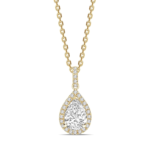 Prong Pear Yellow Gold Dangling Halo Pendant Necklaces