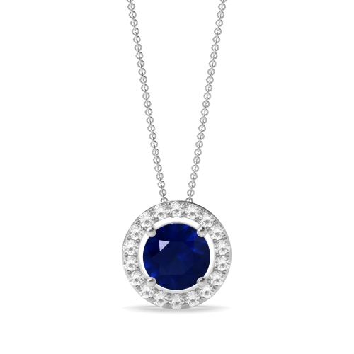 4 Prong Sliding Blue Sapphire Halo Pendant Necklace