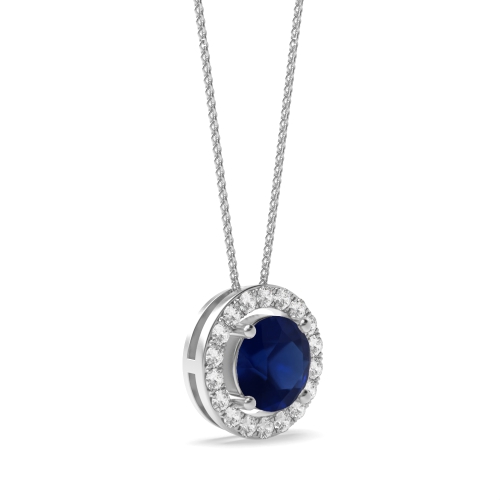 4 Prong Sliding Blue Sapphire Halo Pendant Necklace