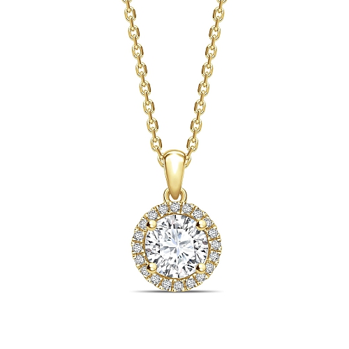 4 Prong Round Yellow Gold Dangling Halo Pendant Necklaces