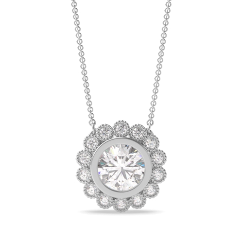 Bezel Setting Round Miligrain sliding Moissanite Halo Pendant Necklaces